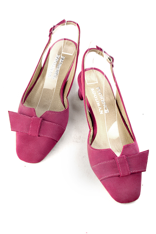 Fuschia pink women's slingback shoes. Square toe. Low kitten heels. Top view - Florence KOOIJMAN